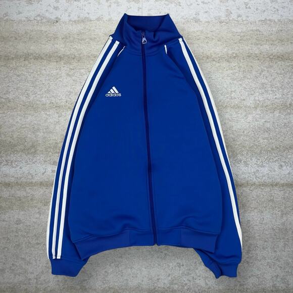 Vintage Adidas Track Jacket Royal Blue Polyester White 3 Stripes Full Zip 90s - Picture 1 of 4